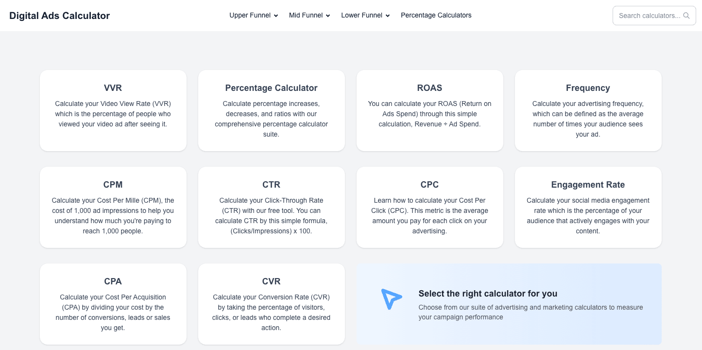 Digital Ads Calculator homepage showing the full suite of marketing calculators