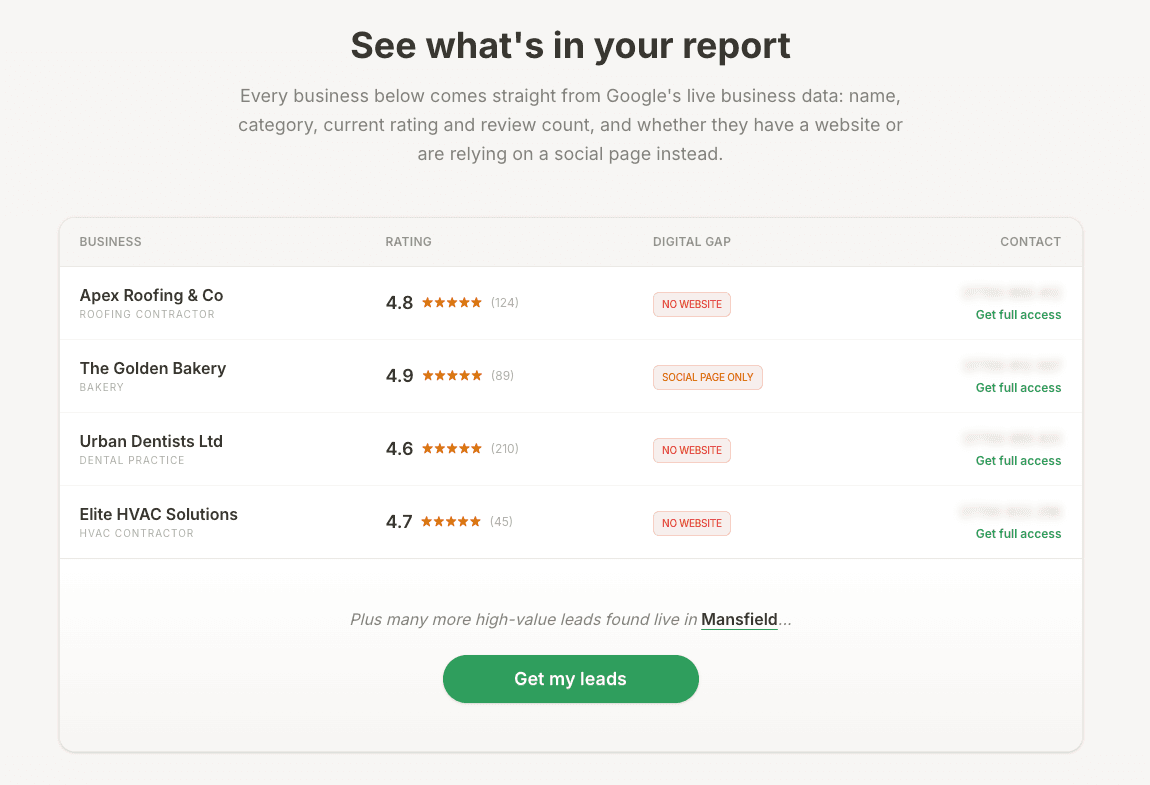 Fludi Leads report showing local businesses with no website and their ratings