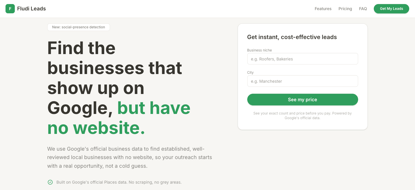 Fludi Leads homepage with the business niche and city search form