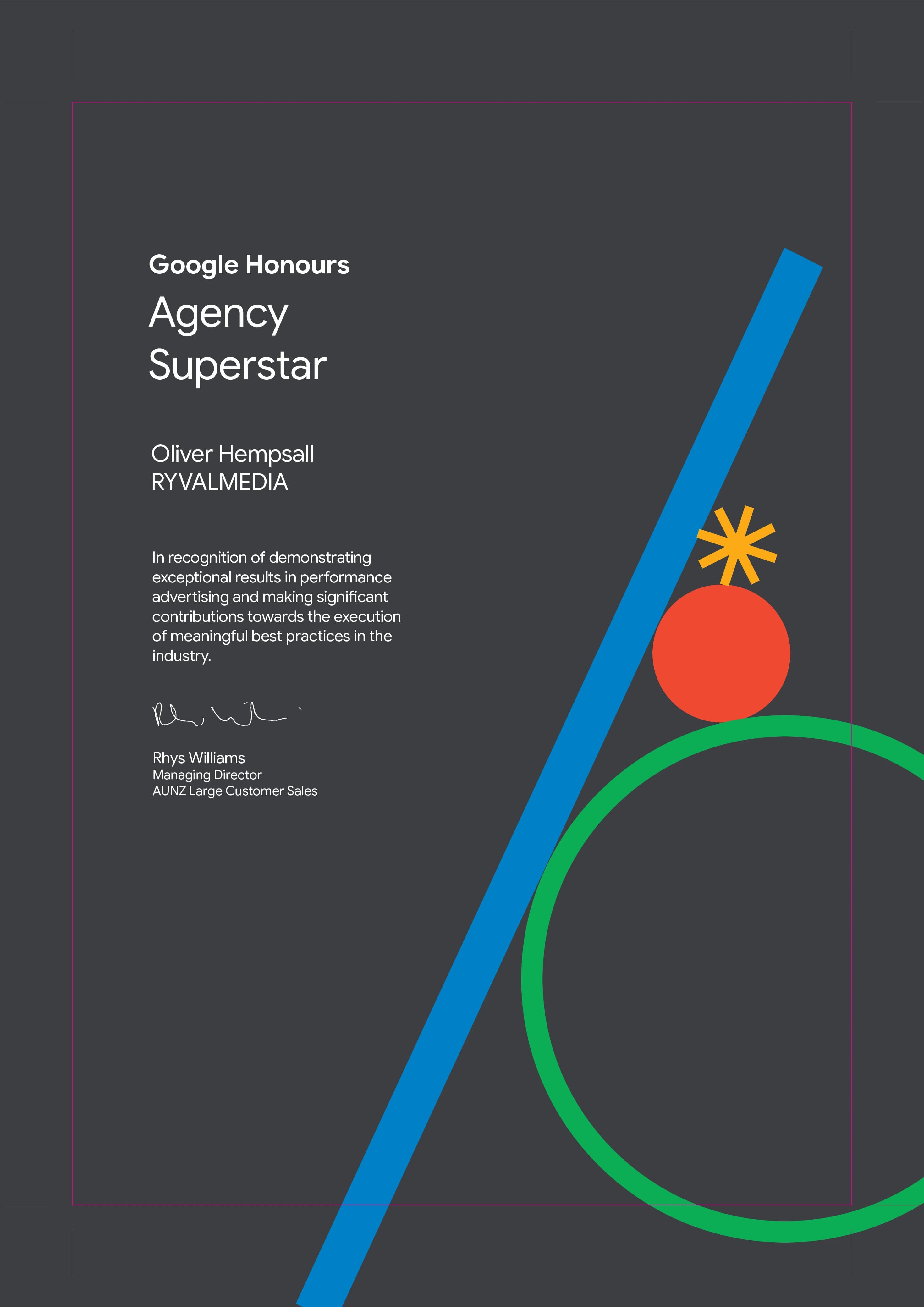 Google Honours Agency Superstar certificate awarded to Oliver Hempsall